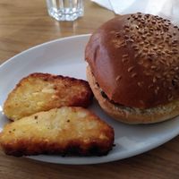 Sausage sandwich and hash browns (May 2025) at Clock Tower Cafe in Morpeth
