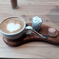 Oatmilk coffee with vegan whipped cream and a cookie at Buitencentrum De Pelen in Ospel