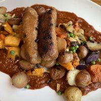 Vegan curry wurst. Made with Beyond sausage   at Mountain Brauhaus in Gardiner