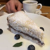 Vegan coconut cake with non dairy creamer for the coffee  at Mountain Brauhaus in Gardiner