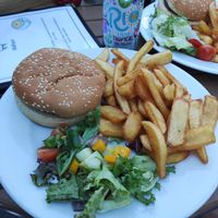 Veggie burger and chips at The Old Barn Tearoom in Malham