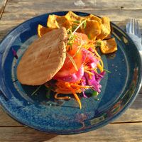Veggie burger! Awesome plate! It's vegetarian option, I had to ask them to make it vegan. ✌️ at Kafe Umami in Torshavn