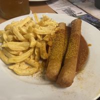 Currywurst and fries  at Hofbrau Wirtshaus in Berlin