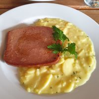 Vegan leberkäse. Very much like Swedish falukorv and swedish potato salad at Hofbrau Wirtshaus in Berlin
