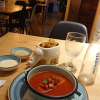 Tomato Soup, potatos and all vegan sauces at Verdeo in Medellin