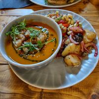 Sweet potato and harissa soup with potato salad and greek pasta salad at Wild Root in Southport
