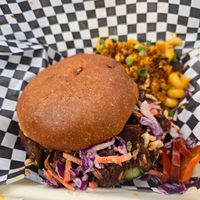 Brioche with Korean BBQ strips and mac n cheese at Blatch's Backyard BBQ - temporarily closed in Salt Lake City