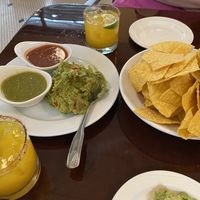 Mango margaritas, chips with guacamole and salsa at Verde Cocina in Portland