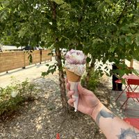 Blueberry lemon tart and birthday cake. The waffle cones are vegan and gluten free!  at Buttercreme in London