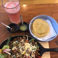 I think this was the alambre with soy, very delicious! The vegan cheese is very tasty! Also had the sandia-limon lemonade 👌🏼  at Taco City Cafe - Maybe closed in Playa Del Carmen