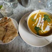 Spiced lentils crispy chickpeas, coconut yoghurt, house flat bread  at Grind in South East London