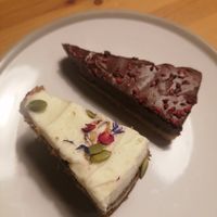 Raspberry chocolate torte and carrot cake at Vintro Lounge in Blackpool