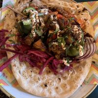 Vegan flat bread roasted r pepper n squash  at Vintro Lounge in Blackpool