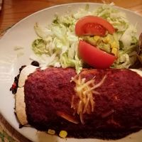 Baked burrito with a filling of rice, beans, vegetables and vegan cheese, quacemole on top of the salad. at Four Roses in Groningen