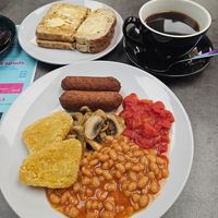 Vegan full English with seeded toast and an americano at Nosh in Leeds