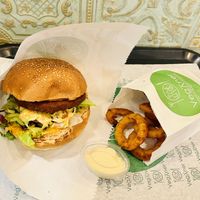 Burger and onion rings  at Veganer  in Sarajevo