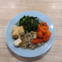 Olive fried rice, kai lan, tofu puff, sweet and sour pork at Jin Hong Vegetarian 金红素食 - Bugis in Central Singapore