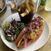 Vegan hot dog and fries  at Cù Mara in Arrochar