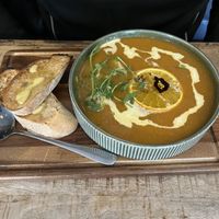 Butternut squash and sweet potato soup - made vegan without the cream and oil instead of butter on the bread  at Cù Mara in Arrochar