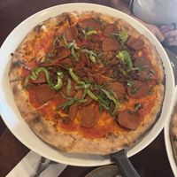“green” house pizza with vegan pepperoni, vegan sausage, peppers & basil (no vegan cheese as i don’t like cheesy flavors)  at 900 Degrees Neapolitan Pizzeria in Manchester