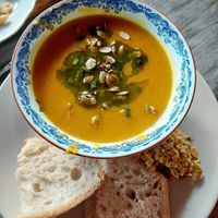 Pumpkin soup with homemade bread and olive tapenade. at Rosenhill in Ekero