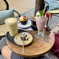 Dirty chai, moonseed muffin, and a strawberry smoothie. All 100% vegan.  at Coffee Break in Groningen