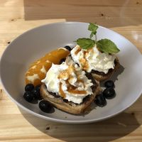 Wolke 7 breakfast: danish bun, vegan nut creme and soy whipped cream   at P-Cafe in Gottingen