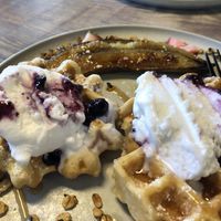 Vegan waffles with grilled banana and coconut icecream   at Little Nolla Cafe in Nollamara
