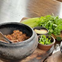 Bean dish with a side of Greens  at Kchuch Restaurant in Dilijan