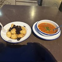 Donuts (light, not oily) with sour cherry; tomato+white bean+herbs soup (Yia Yia’s Soup - ask to leave out the sauce that has honey in it)  at Saloniki Greek in Boston