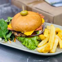 Vegan chick’n’ burger with fries  at The Sage Village in Campbelltown