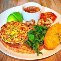Big Breakfast - Avocado 🥑, Baked Beans, Wilted Spinach, Hash Brown, Grilled Tomato, Mushrooms Served with Vegetable Pattie on a Toasted Sourdough  at The Sage Village in Campbelltown