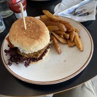 mushroom burger with chips  at Holy Cow Lounge in Edinburgh