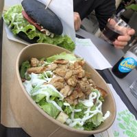 vegan burger, vegan ceasar salad   at Magdalena Food & Fun in Postojna