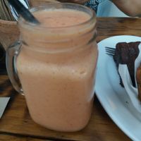 strawberry, avocado and mango almond milk smoothie at Heart and Soul Organic Chai Cafe in Cronulla
