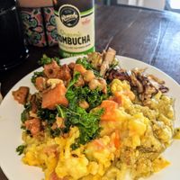 So many curry and salad options that are all vegan! This is thr medium bowl with 4 choices!   at Heart and Soul Organic Chai Cafe in Cronulla