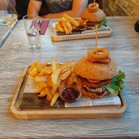 Burger with fries and bbq sauce at Gostisce Sovdat in Bovec
