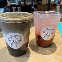 Strawberry Hojicha Latte with Oat Milk and Boba/Raspberry Yuja Spritz with Boba at Lazy Sundaes in New York City