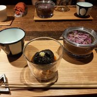 Black sesame dessert with some kind of extremely lovely and refreshing tea at AWOMB Nishikiyamachi in Kyoto