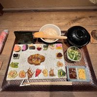 The basic meal option. Soup on the top right is covered on this picture, but was also very delicious. You get an explanation of what every item on the plate is.  at AWOMB Nishikiyamachi in Kyoto