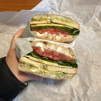BBQ tofu, vegan cheese, lettuce, tomato, avocado and vegenaise sandwich!!  at Mariposa Market in Willits