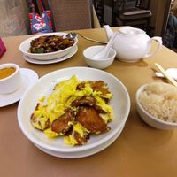 Two dishes with rice and tea at Lotus Veggie - Tai Po in New Territories