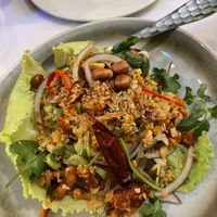 Spicy, zesty salad with crispy curried rice and mince  at Mali Vegan Thai in South West London