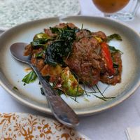 Beef in red curry with brussel sprouts at Mali Vegan Thai in South West London