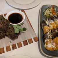 Chive cakes and mushroom skewers at Mali Vegan Thai in South West London