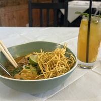 Khao soi and mango iced tea   at Mali Vegan Thai in South West London