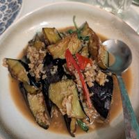 Stir-fried aubergine with minced vegan meat at Mali Vegan Thai in South West London