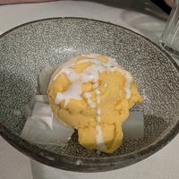 Mango ice-cream, sticky rice and coconut cubes at Mali Vegan Thai in South West London