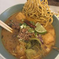 Yellow curry noodles with insanely realistic vegan steak!  at Mali Vegan Thai in South West London