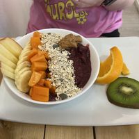 Vegan açai bowl. Smoothie base, oats, apple, banana, papaya, peanut butter   at AUYAMA real food in Tenerife